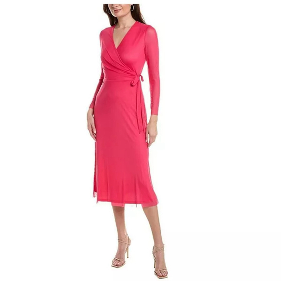 Anne Klein Women's Extra Small Pink Faux-Wrap Mesh-Sleeve Midi Dress NWT - Picture 1 of 4